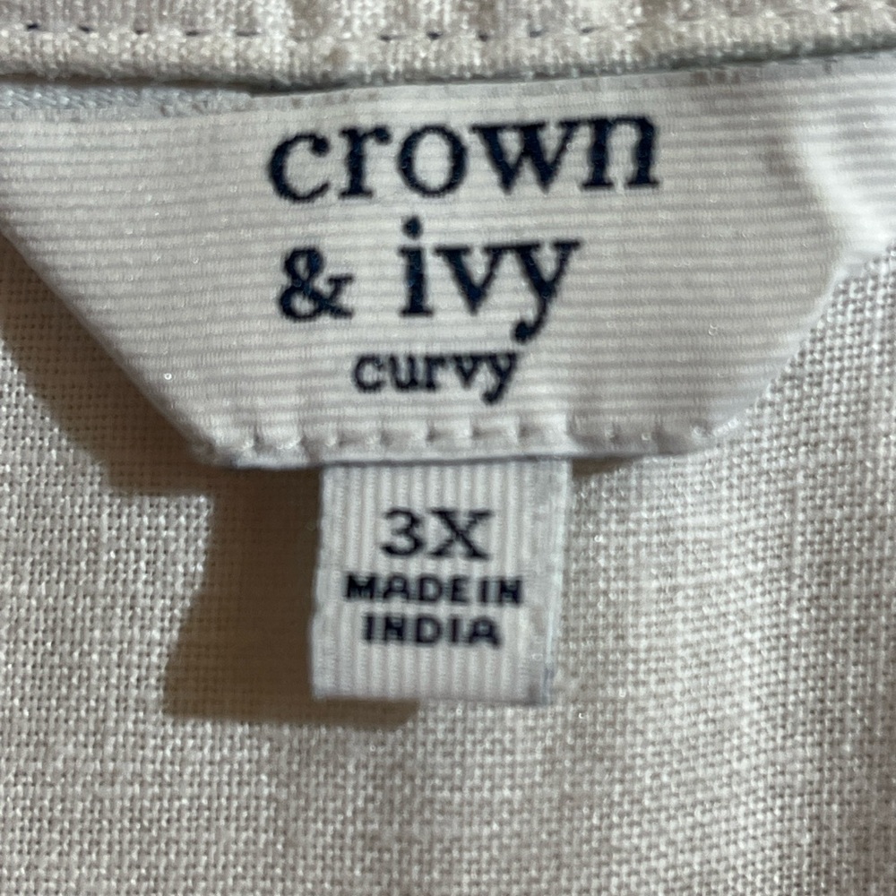 Crown & Ivy Curvy 3X Linen Tunic Top White Navy Trim Long Sleeve Plus Size Boho - Picture 3 of 4